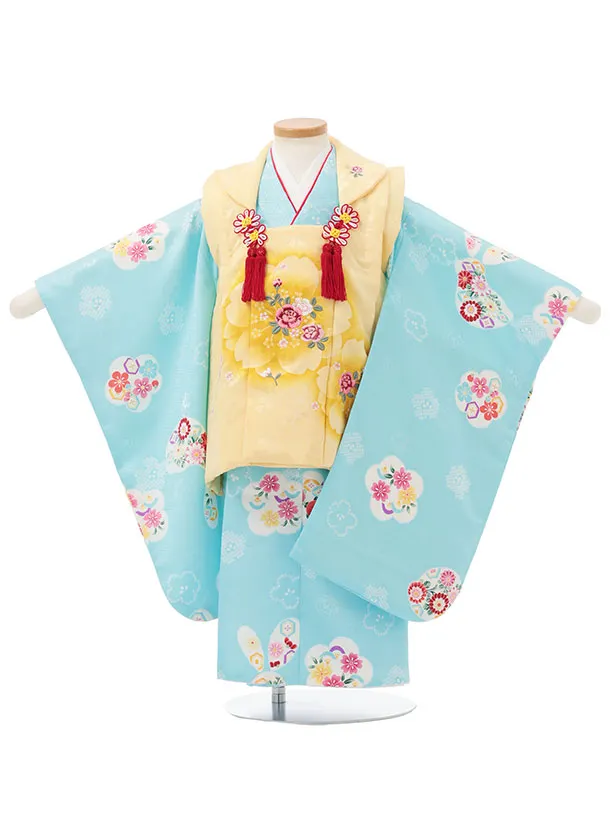 七五三レンタル(3歳女児被布)S196 うす黄色 桜×水色 梅花