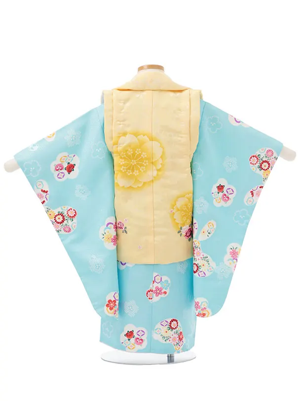 七五三レンタル(3歳女児被布)S196 うす黄色 桜×水色 梅花