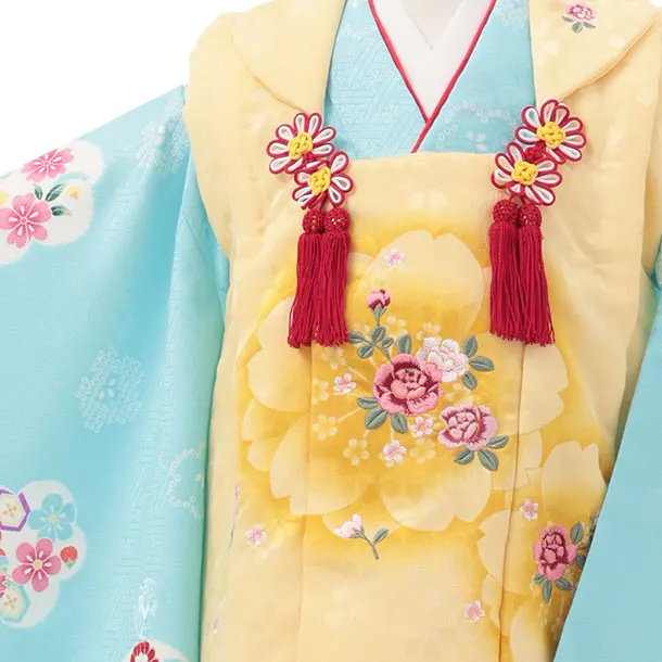 七五三レンタル(3歳女児被布)S196 うす黄色 桜×水色 梅花