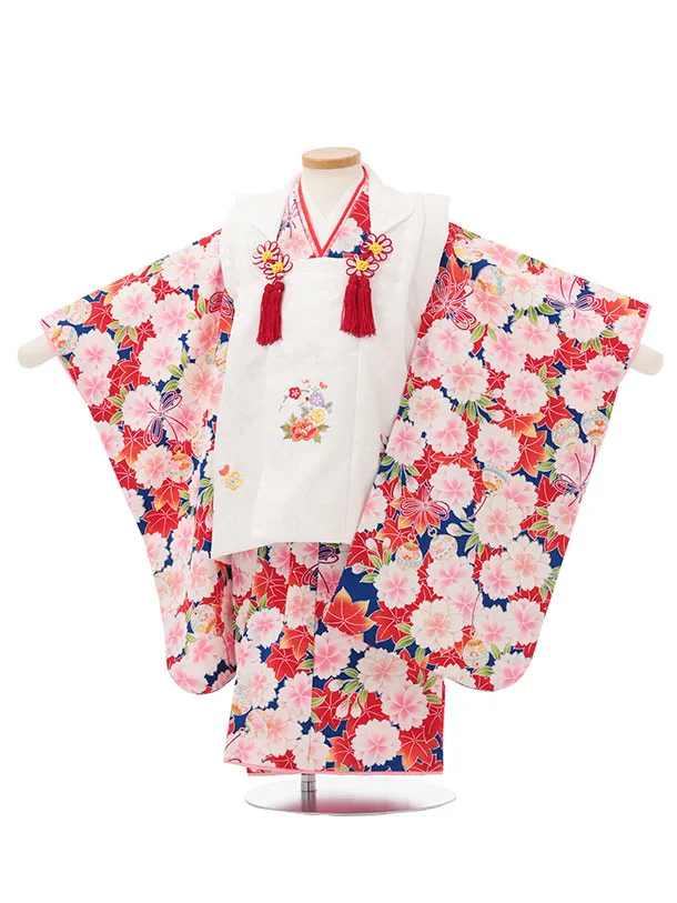 七五三レンタル(3歳女児被布)S198 白×青地 桜 鈴