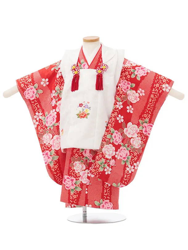 七五三レンタル(3歳女児被布)S199 白×赤地 牡丹 桜