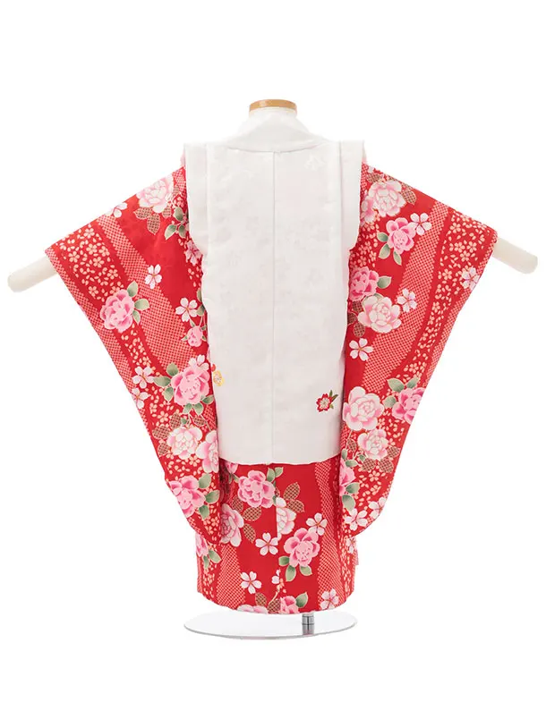 七五三レンタル(3歳女児被布)S199 白×赤地 牡丹 桜