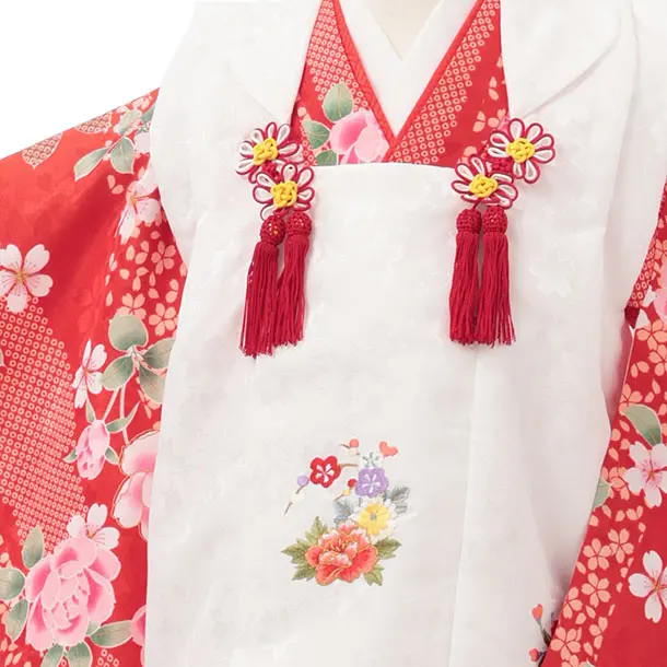 七五三レンタル(3歳女児被布)S199 白×赤地 牡丹 桜