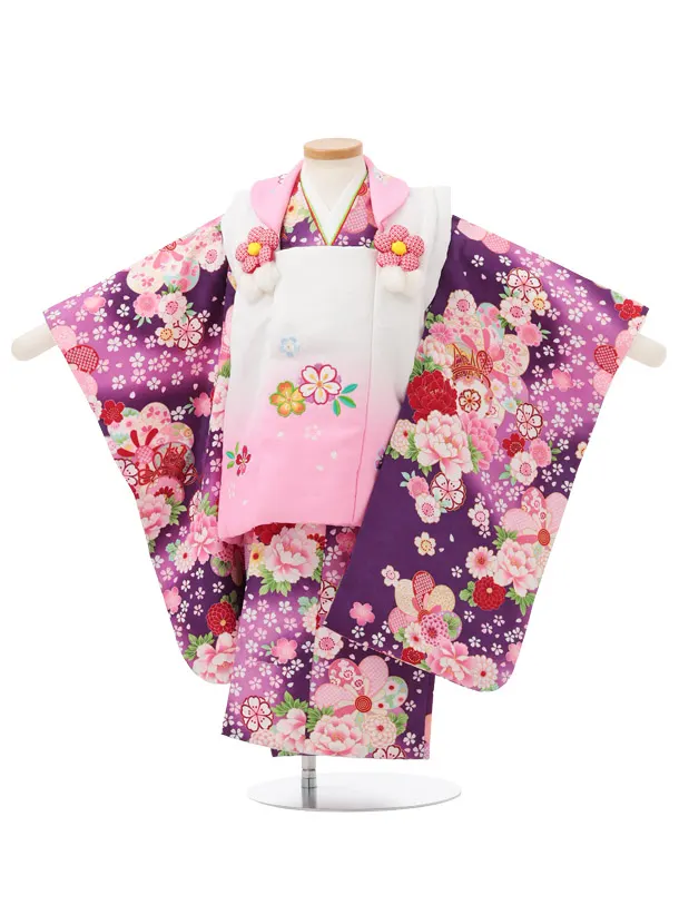 七五三レンタル(3歳女児被布)S200 白ぼかしピンク×紫 牡丹 梅 菊