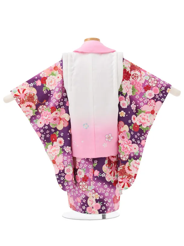 七五三レンタル(3歳女児被布)S200 白ぼかしピンク×紫 牡丹 梅 菊