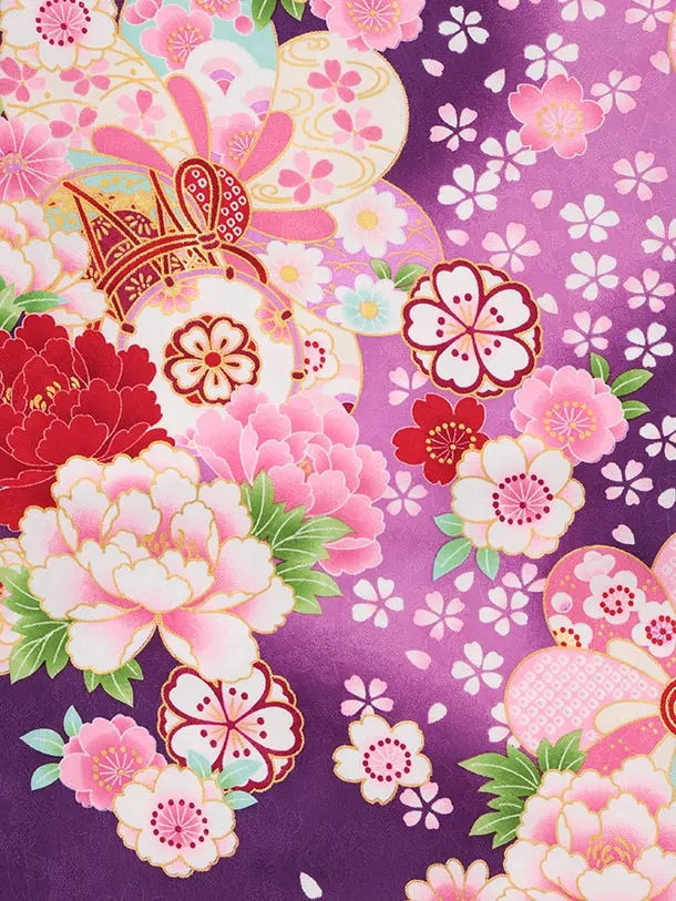 七五三レンタル(3歳女児被布)S200 白ぼかしピンク×紫 牡丹 梅 菊