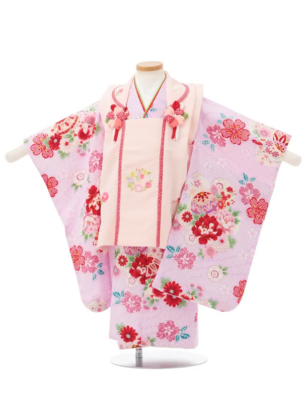 七五三レンタル(3歳女児被布)S201 うすピンク刺繍花丸×ピンク 桜 鞠 牡丹