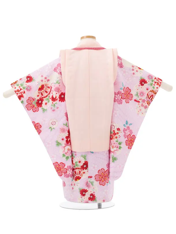 七五三レンタル(3歳女児被布)S201 うすピンク刺繍花丸×ピンク 桜 鞠 牡丹