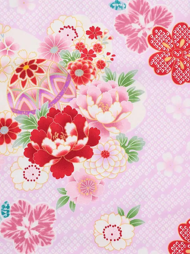 七五三レンタル(3歳女児被布)S201 うすピンク刺繍花丸×ピンク 桜 鞠 牡丹