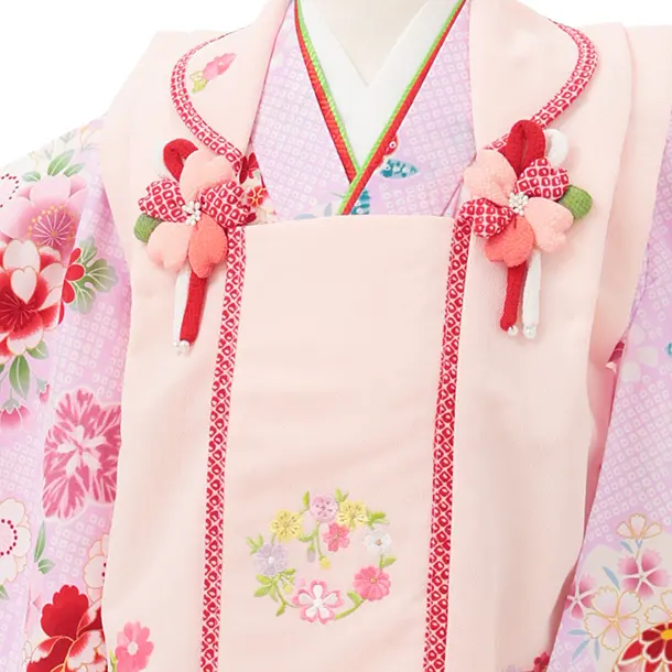 七五三レンタル(3歳女児被布)S201 うすピンク刺繍花丸×ピンク 桜 鞠 牡丹