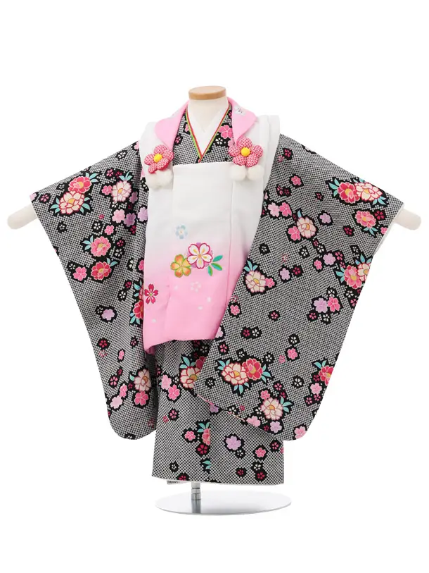七五三レンタル(3歳女児被布)S202 白ぼかしピンク×黒 鹿の子柄 桜