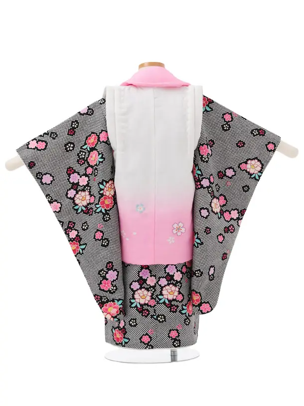 七五三レンタル(3歳女児被布)S202 白ぼかしピンク×黒 鹿の子柄 桜