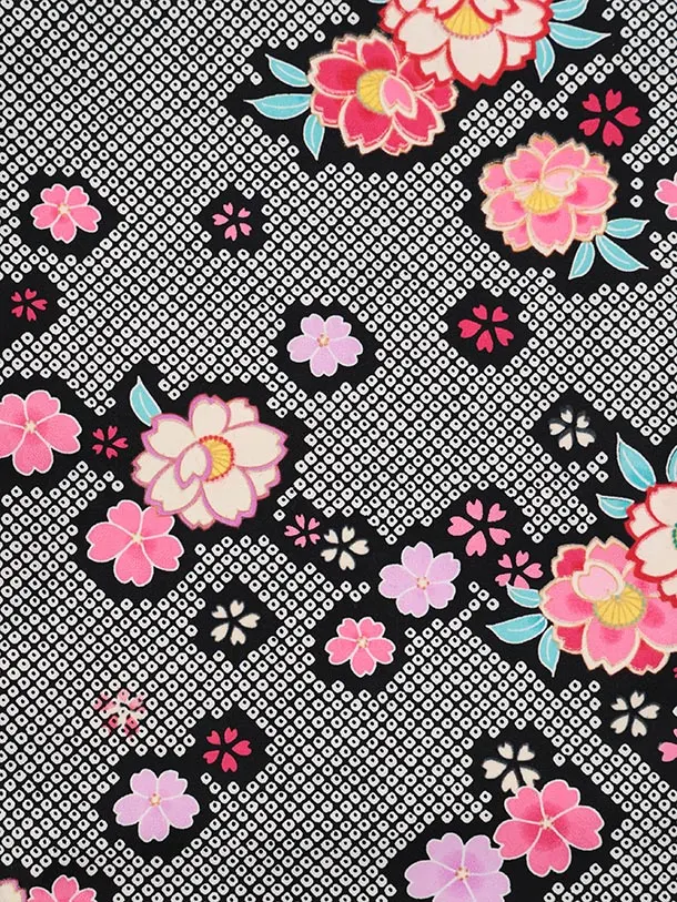 七五三レンタル(3歳女児被布)S202 白ぼかしピンク×黒 鹿の子柄 桜