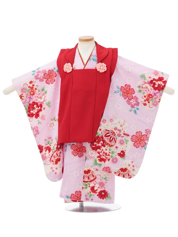七五三レンタル(3歳女児被布)S203 赤×ピンク 桜 鞠 牡丹
