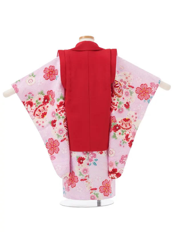 七五三レンタル(3歳女児被布)S203 赤×ピンク 桜 鞠 牡丹