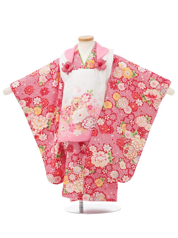 七五三レンタル(3歳女児被布)S204 白ぼかしピンク×赤地  牡丹 菊