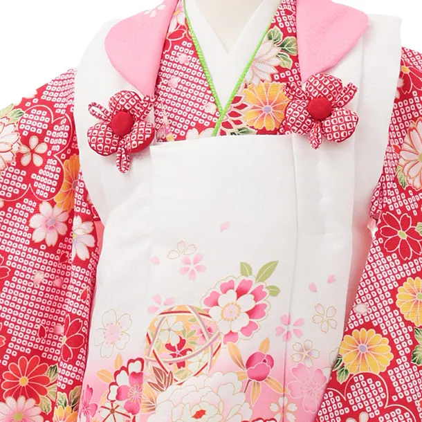 七五三レンタル(3歳女児被布)S204 白ぼかしピンク×赤地  牡丹 菊