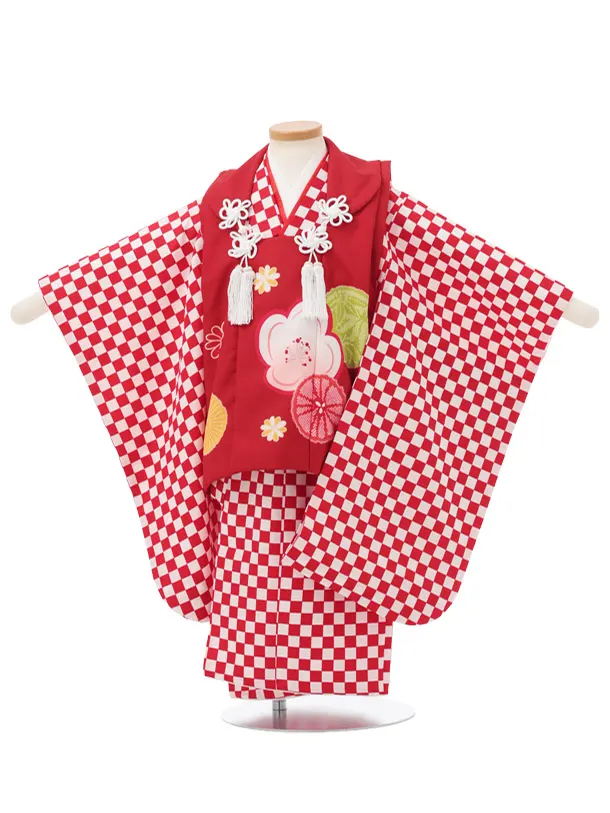 七五三レンタル(3歳女児被布)S205 赤×赤白 市松