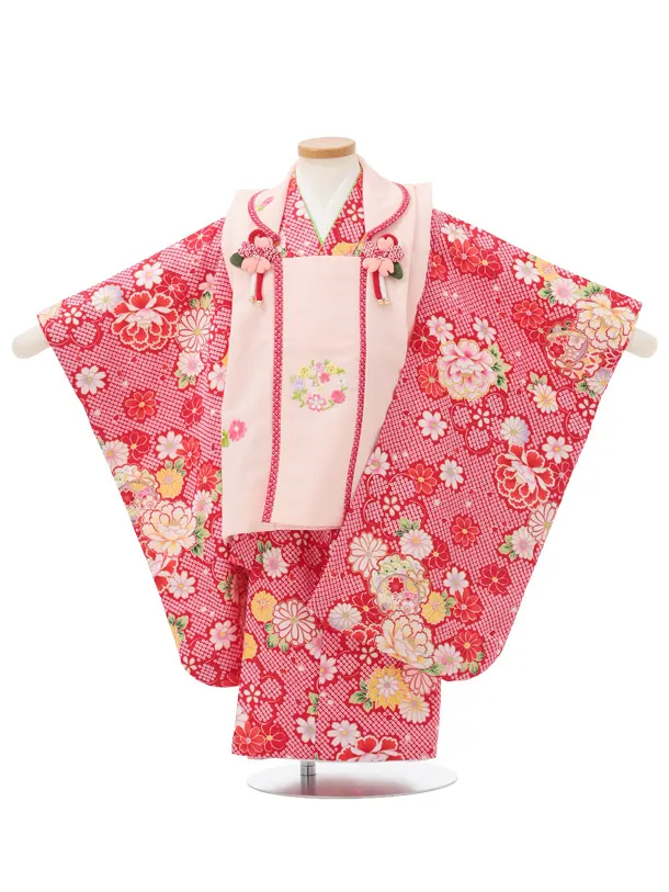 七五三レンタル(3歳女児被布)S206 うすピンク刺繍花丸×赤