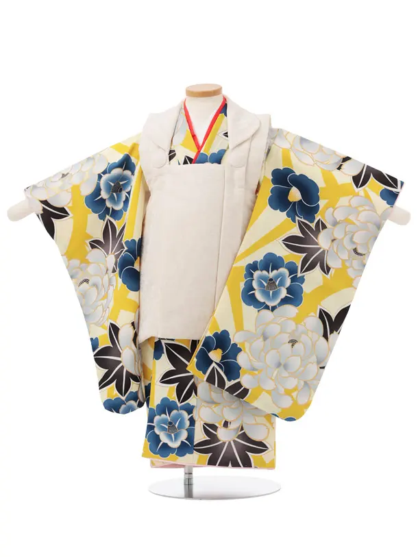 七五三レンタル(3歳女児被布)S215 薄ベージュ小花×からし色 牡丹 椿