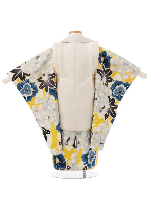 七五三レンタル(3歳女児被布)S215 薄ベージュ小花×からし色 牡丹 椿