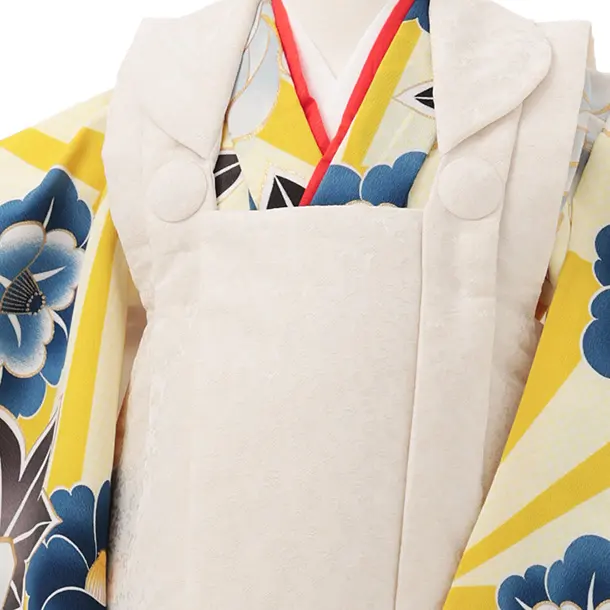七五三レンタル(3歳女児被布)S215 薄ベージュ小花×からし色 牡丹 椿
