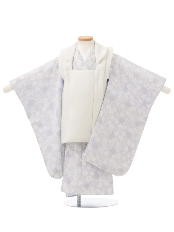 七五三レンタル(3歳女児被布)S216 オフホワイト×薄パープルグレー 小花