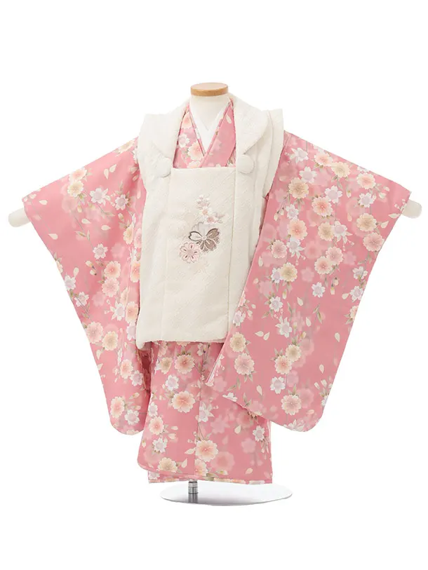 七五三レンタル(3歳女児被布)S218 オフホワイト × ピンク 桜