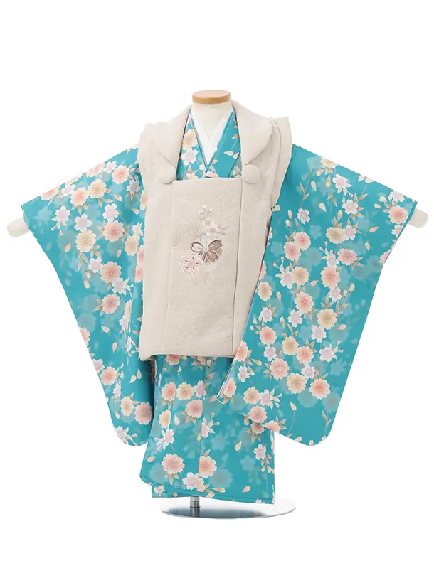 七五三レンタル(3歳女児被布)S219 水色 × ベージュ 桜