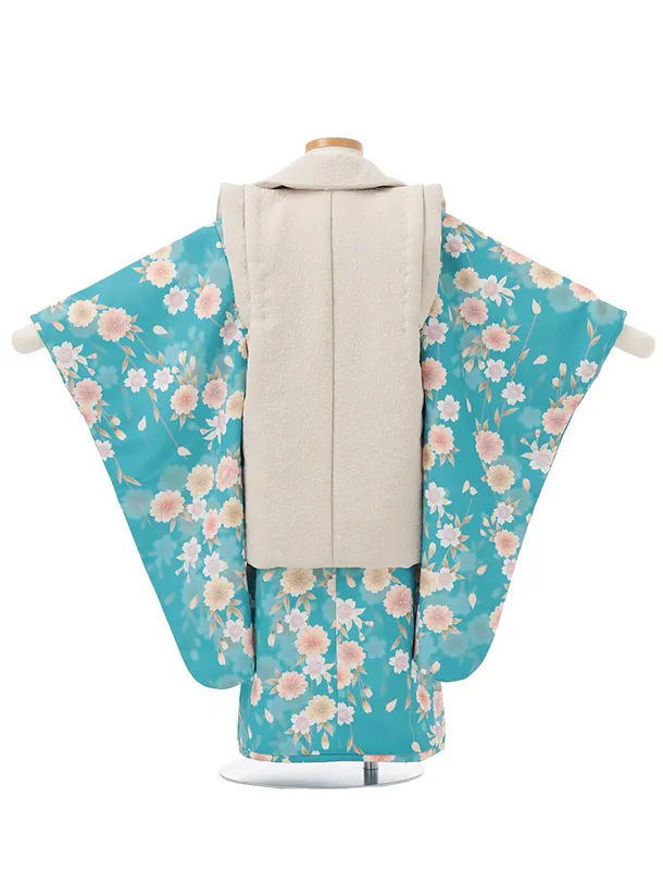 七五三レンタル(3歳女児被布)S219 水色 × ベージュ 桜