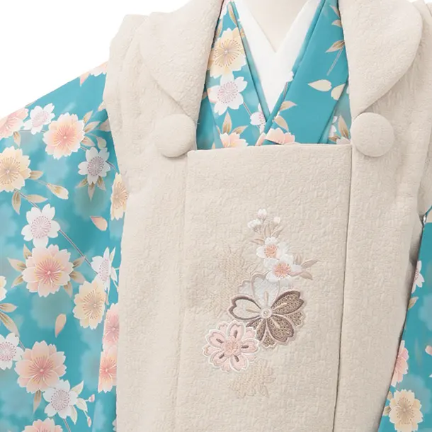 七五三レンタル(3歳女児被布)S219 水色 × ベージュ 桜