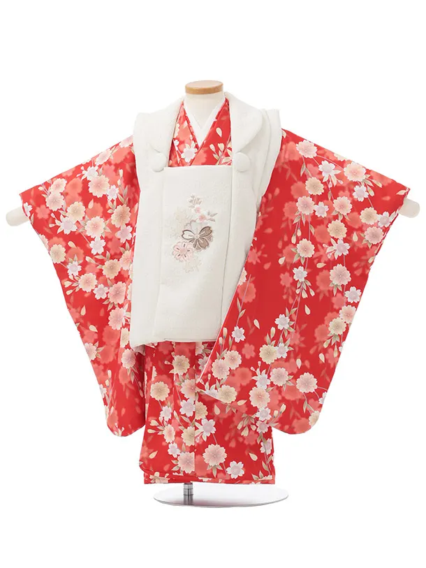 七五三レンタル(3歳女児被布)S220 オフホワイト × 赤 桜