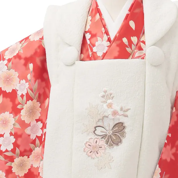 七五三レンタル(3歳女児被布)S220 オフホワイト × 赤 桜