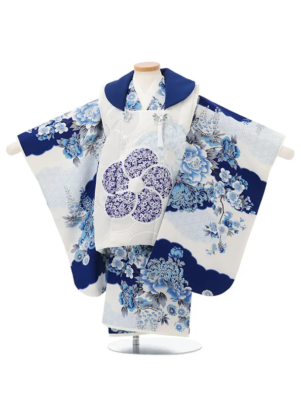七五三(3歳女児被布)S227 JAPAN STYLE 白×青 ねじり梅に花