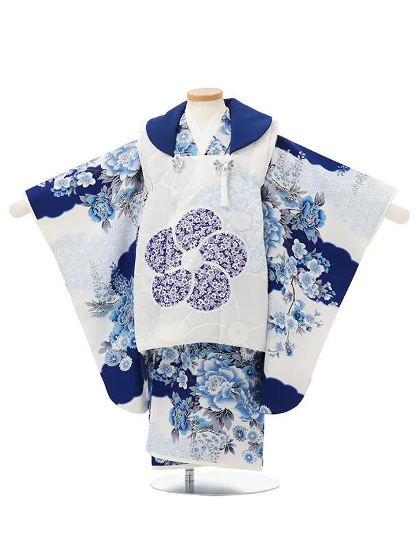 七五三(3歳女児被布)S227 JAPAN STYLE 白×青 ねじり梅に花