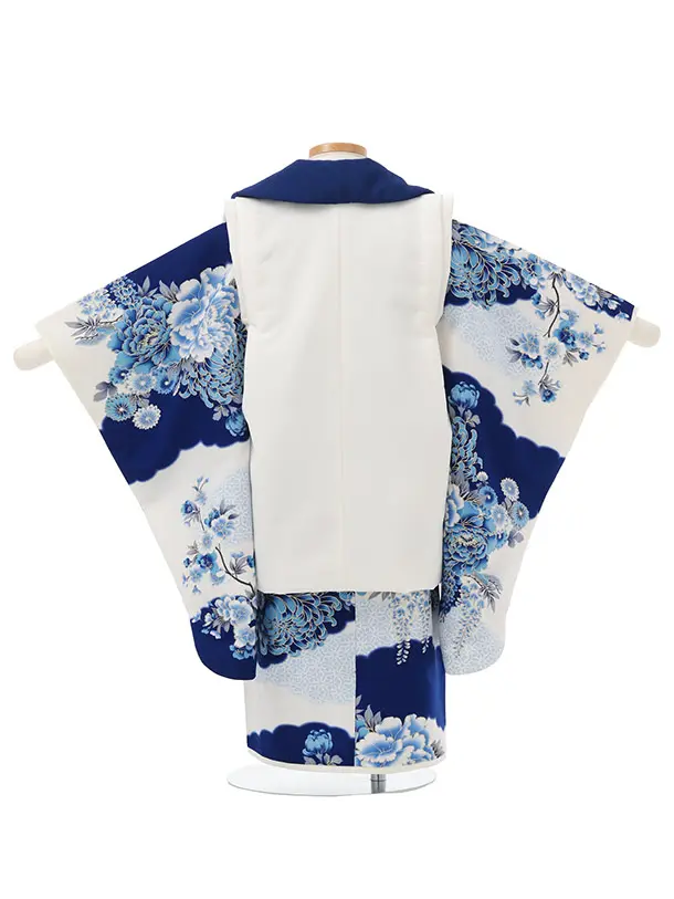 七五三(3歳女児被布)S227 JAPAN STYLE 白×青 ねじり梅に花