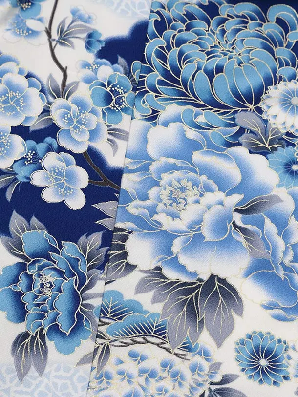 七五三(3歳女児被布)S227 JAPAN STYLE 白×青 ねじり梅に花