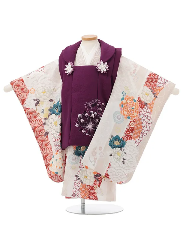 七五三(3歳女児被布)S229 TOREMORY パープル菊×ベージュ古典花