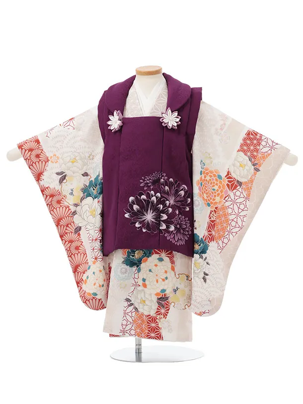 七五三(3歳女児被布)S229 TOREMORY パープル菊×ベージュ古典花