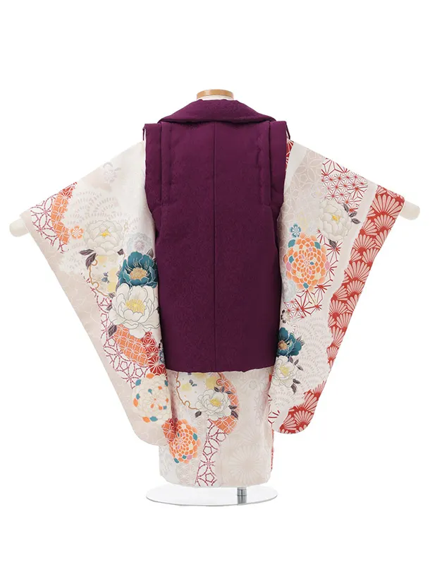 七五三(3歳女児被布)S229 TOREMORY パープル菊×ベージュ古典花