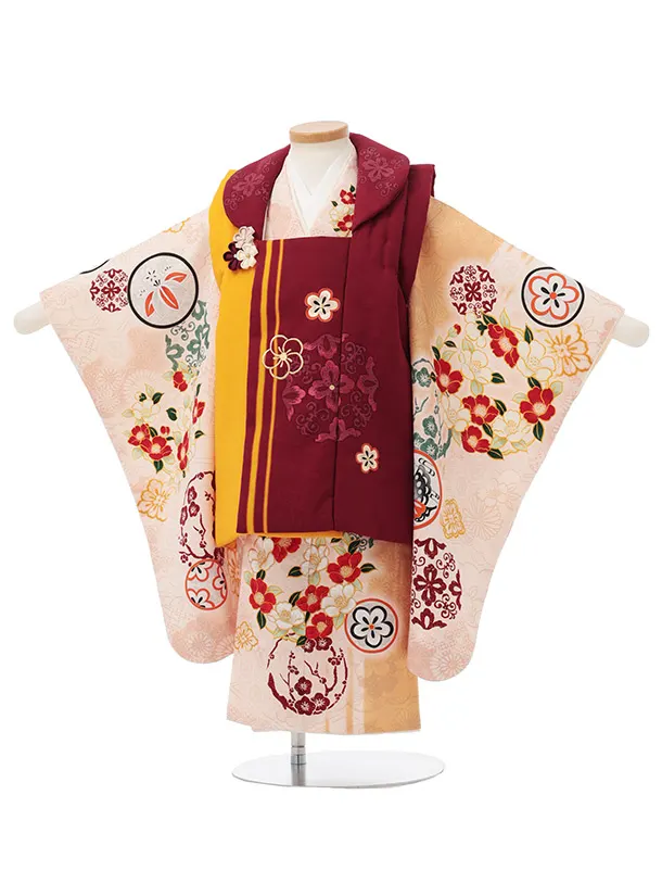 七五三(3歳女児被布)S231 TOREMORY 小豆色片身替り×椿 花丸紋