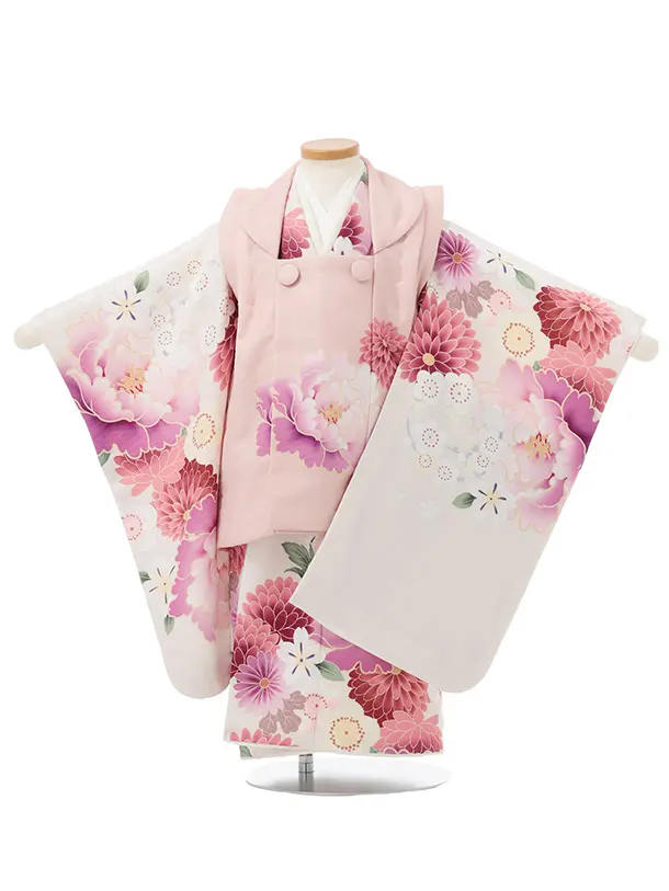七五三レンタル(3歳女児被布)S233 ぷちぷり ピンク×淡ベージュ 芍薬