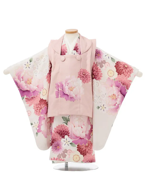 七五三レンタル(3歳女児被布)S233 ぷちぷり ピンク×淡ベージュ 芍薬