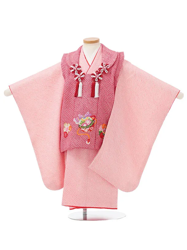 七五三レンタル(3歳女児被布)S235 【正絹】赤 絞り刺繍鈴×ピンク