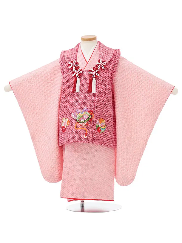 七五三レンタル(3歳女児被布)S235 【正絹】赤 絞り刺繍鈴×ピンク