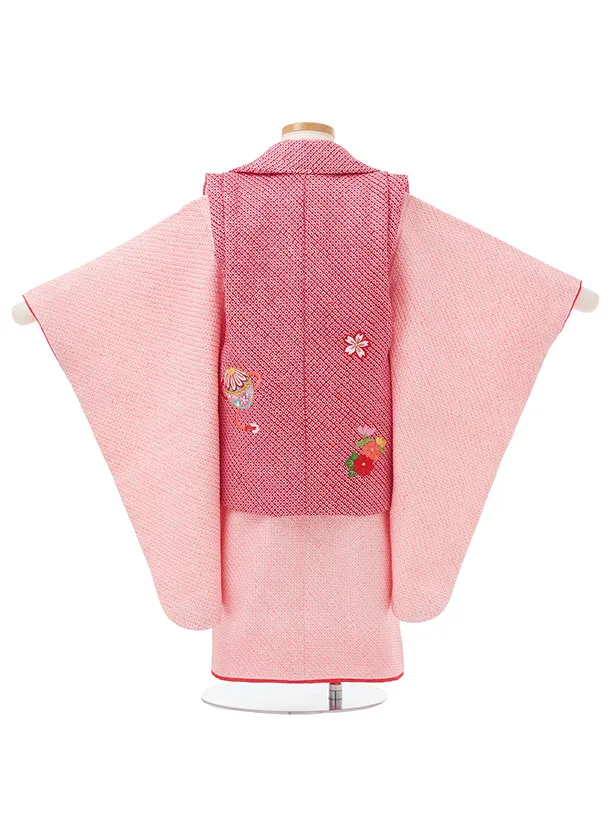 七五三レンタル(3歳女児被布)S235 【正絹】赤 絞り刺繍鈴×ピンク