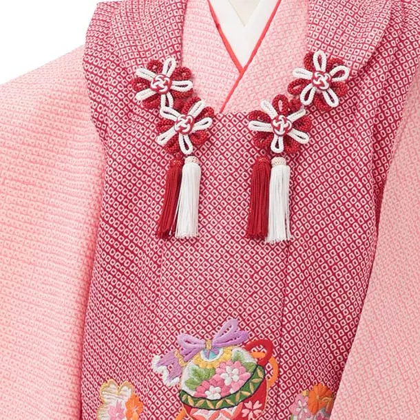 七五三レンタル(3歳女児被布)S235 【正絹】赤 絞り刺繍鈴×ピンク