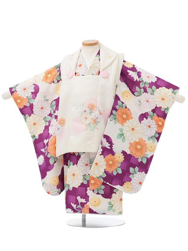 七五三レンタル(3歳女児被布)S236 アイボリー × パープル 市松 菊