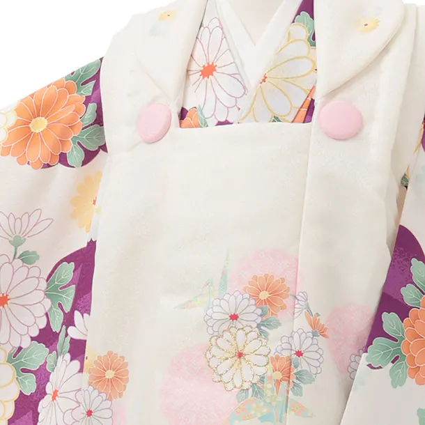 七五三レンタル(3歳女児被布)S236 アイボリー × パープル 市松 菊