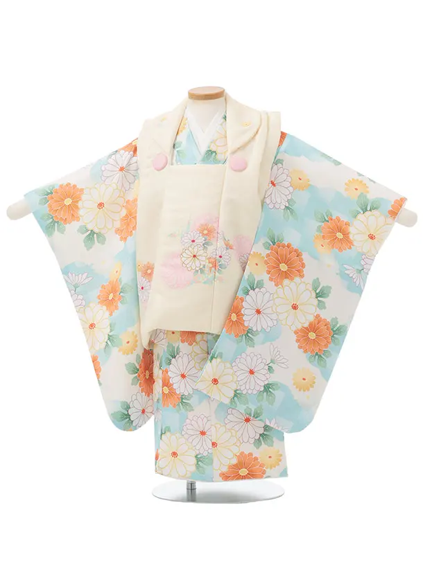 七五三レンタル(3歳女児被布)S237 薄黄 × 水色 市松 菊